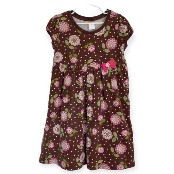 GYMBOREE 2012 Equestrian Club Flower Dot Bow Dress Brown Pink Girl's Size 7 - Picture 1 of 7